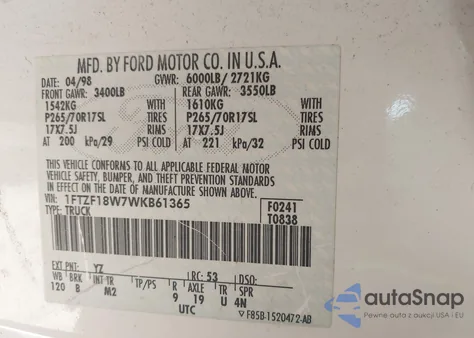 1998 Ford F-150 Lariat/Standard/Xl/Xlt z USA, uszkodzony, nr VIN 1FTZF18W7WKB61365